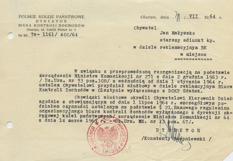 KKE 5624.jpg - Dok. Pismo z Polskich Kolei Państwowych w Olsztynie dla Jana Małyszko dotyczące zmiany obowiązków służbowych, Olsztyn, 31 VII 1964 r.